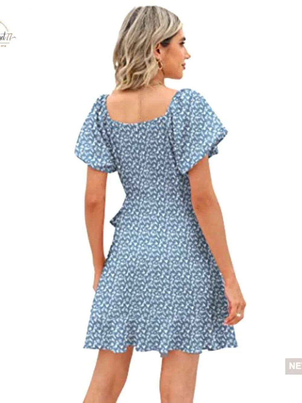 Puff Sleeve Square Neck Tie Waist Mini Dress Lightweight Chiffon - Picture 4 of 7